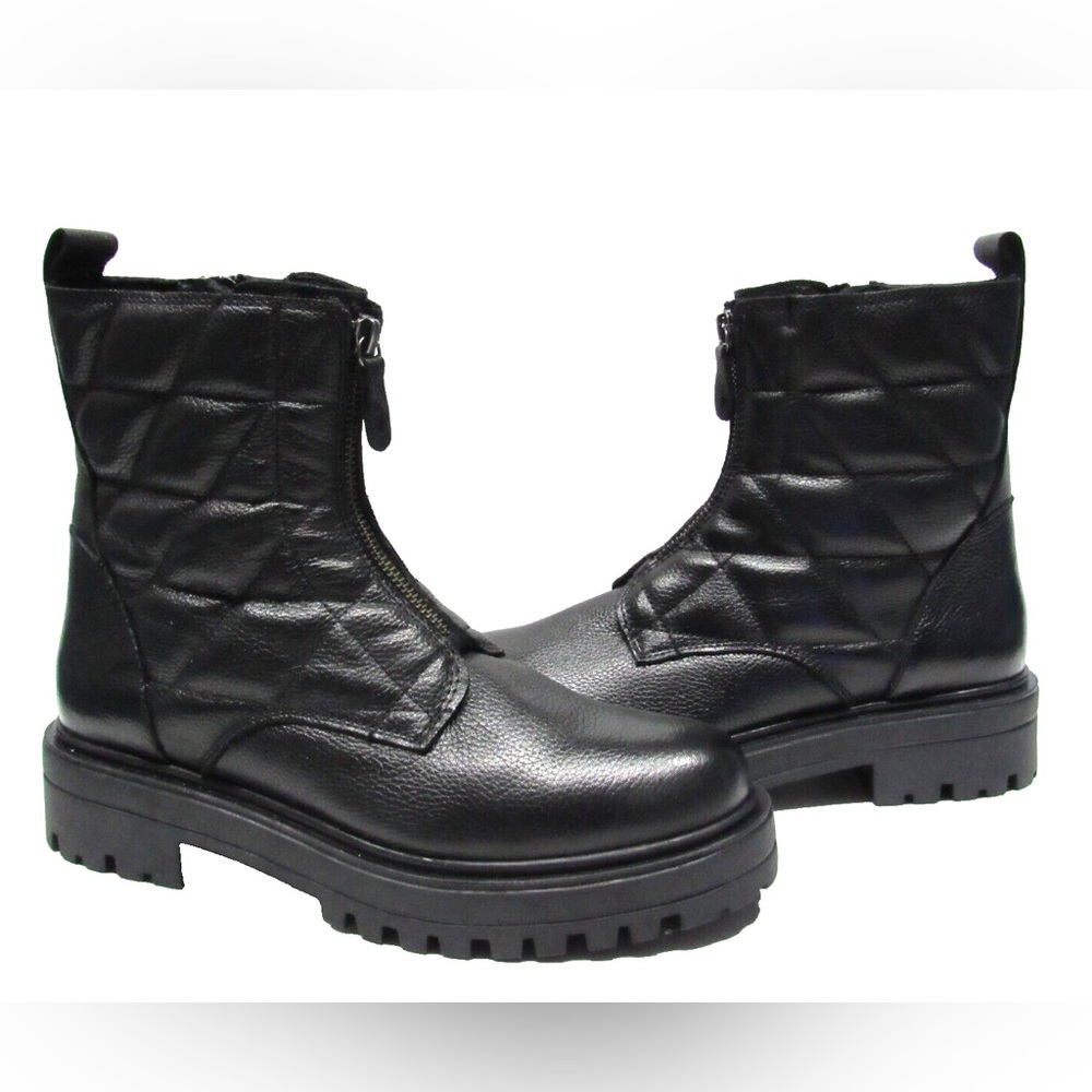 Alberto Torresi Black Moto Lug Combat Boots Leather Quilted Lined Side Zip